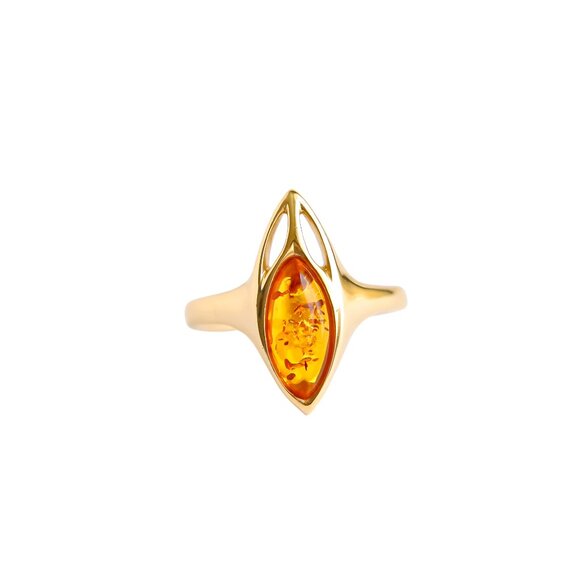 14K Gold Amber Ring – Marquise Cut Lithuanian Cognac Amber - Picture 2 of 8